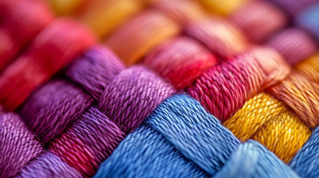 of colorful fabric weave with interlaced threads creating texture 
