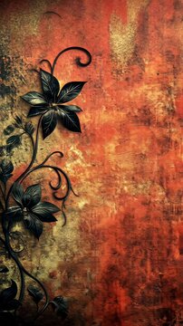 Ornate metal flowers on textured red background, design element