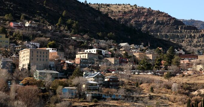 Late afternoon winter view of historic late Victorian era architecture in downtown Jerome, Arizona, USA.