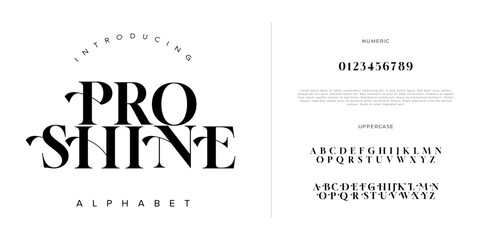 Proshine typography beauty fashion elegant minimalist serif italic fonts decorative wedding vintage retro logos. Minimal luxury font alphabet logo. Vector illustration