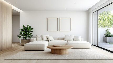 Minimalist Scandinavian style interior with modern sofa and plant