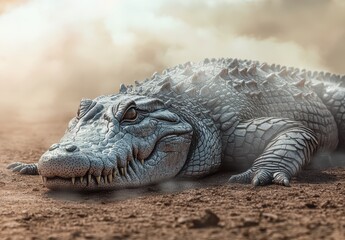 Fototapeta premium Realistic depiction of a large, stylized crocodile resting on dry, cracked earth with a dramatic mist and soft lighting in the background