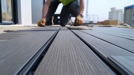Worker installing composite decking on rooftop patio, modern building in background