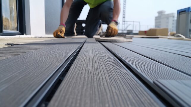 Worker installing composite decking on rooftop patio, modern building in background