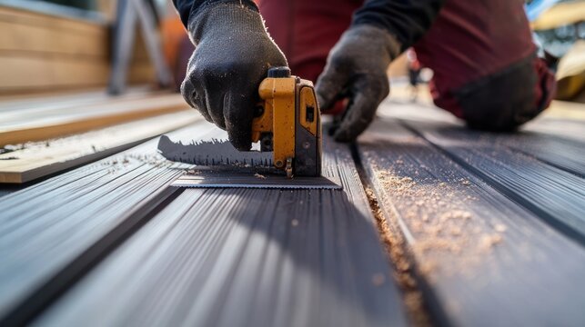 Worker installing composite decking using power tools on a sunny day