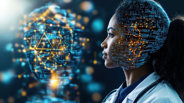 Woman with a head of binary symbols analyzing healthcare data in a medical environment