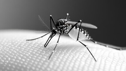 Close-up of a mosquito perched on textured skin, highlighting its intricate features and anatomy