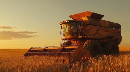 Obraz premium Golden Hour Harvest: A Combine Harvester in a Wheat Field at Sunset