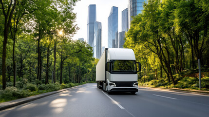 Obraz premium Sustainable electric truck driving through green urban landscape