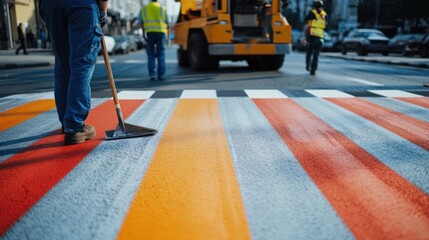 Worker painting colorful crosswalk, city street background, construction