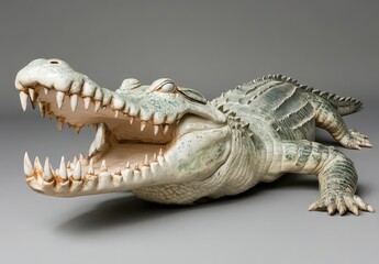 Fototapeta premium Realistic Sculpture of a Crocodile with Open Mouth, Showcasing Intricate Details and Textures, Perfect for Animal Art and Wildlife Enthusiasts