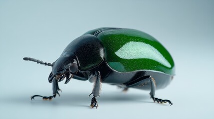 Close-up of a shiny green beetle showcasing its intricate details against a soft background