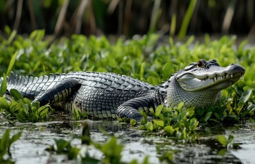 Fototapeta premium Serene Alligator Resting Among Vibrant Green Water Plants in Natural Habitat Captured Under Soft Light
