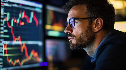 Obraz premium Investor focused on stock market trends analyzes data late at night in a modern trading room