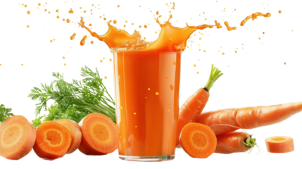 Fresh carrot juice splashing out of glass with carrots and greens on transparent background