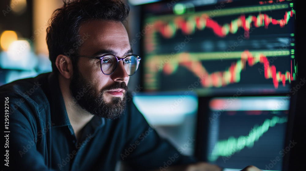 Poster Focused trader analyzing market trends during late-night session with multiple monitors displaying lively charts and data