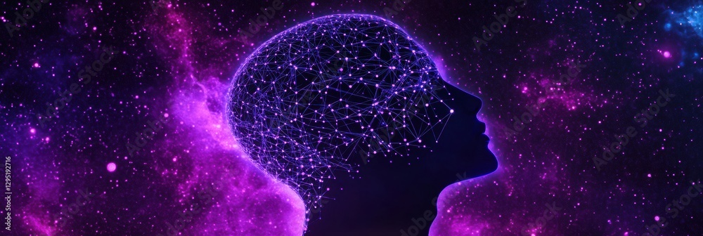 Leinwandbilder human head silhouette filled with glowing ai nodes and fractal patterns in a cosmic cyberpunk backgr