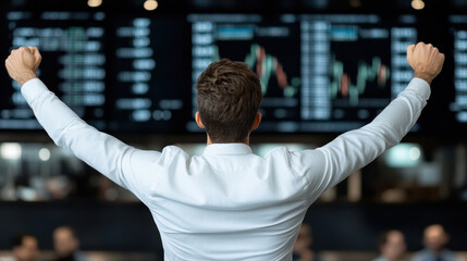 corporate CEO celebrating successful IPO announcement with excitement