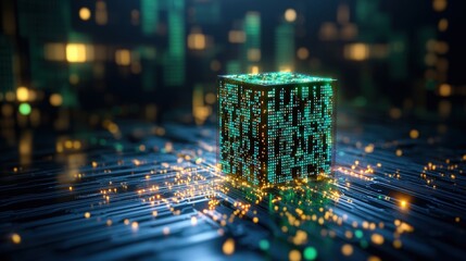 Cube with glowing lights and computer code background in digital technology concept