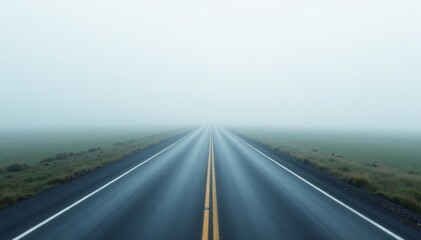 Fototapeta premium Endless white road disappearing into a misty horizon on a foggy day, mist, mysterious, disappear