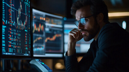 Focused analyst interpreting market trends amid illuminated screens during late-night trading hours