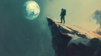 Obraz premium Astronaut's solitude exploring cosmic frontiers on distant planet's edge