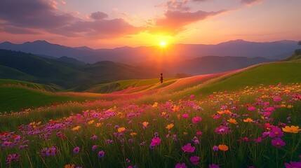 Obraz premium Woman silhouetted sunset mountain wildflowers landscape