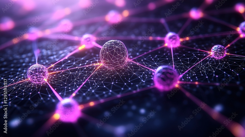 Wall mural network of connected lines and dots on dark indigo background with glowing molecular mesh design