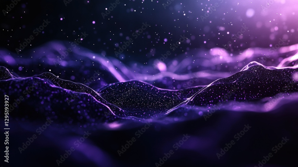 Wall mural purple and black abstract background with light blur and digital particle waves in high fidelity des