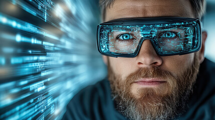 Immersed in digital world, gamer wears futuristic glasses, focused