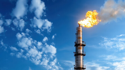 Flare tower at oil refinery burning excess gases against blue sky