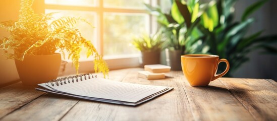 Fototapeta premium Sunny windowsill workspace with notebook and coffee