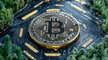 Fototapeta premium digital representation of cryptocurrency on circuit board surrounded by greenery