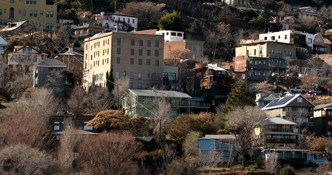 Late afternoon winter view of historic late Victorian era architecture in downtown Jerome, Arizona, USA.