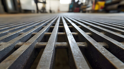 industrial steel grating with sharp geometric lines 