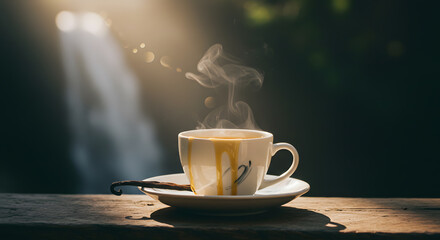 A beautifully decorated tea cup sits on a mossy rock, with steam rising from it, set against the backdrop of a serene waterfall in a lush, green forest.