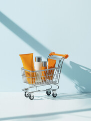 modern shopping cart filled with vibrant skincare products against light blue background creates fresh and inviting atmosphere