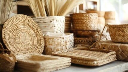 Woven wicker baskets and trays displayed in a shop