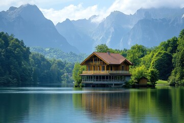 Naklejka premium Lake house nestled in a mountain valley. Perfect for travel, real estate, or nature themes.