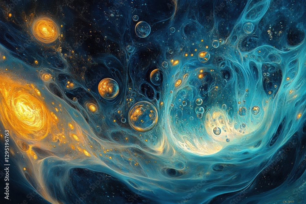 Poster glowing gas bubbles create an otherworldly experience underwater at a vibrant marine ecosystem. gene