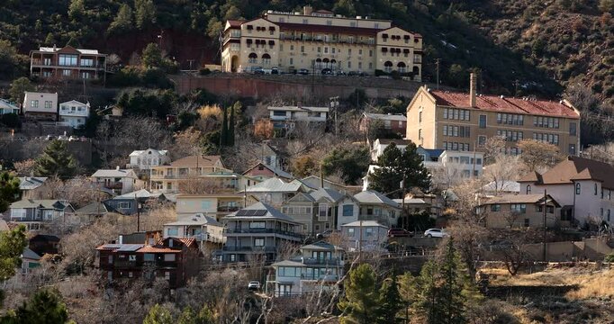 Late afternoon winter view of historic late Victorian era architecture in downtown Jerome, Arizona, USA.