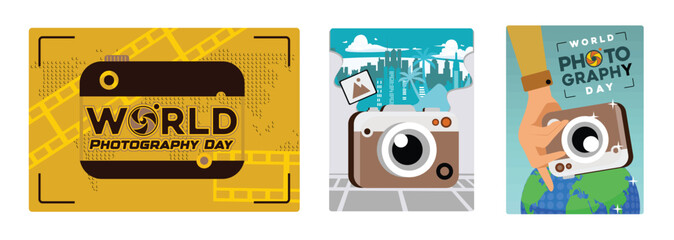 Celebrating World Photography Day, August 19 with cameras and cityscape.