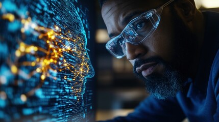 Man analyzing computer screen with healthcare data scientists reviewing patient information