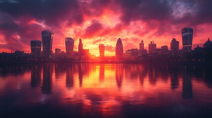 Fototapeta premium London sunrise cityscape reflection, fiery sky, river