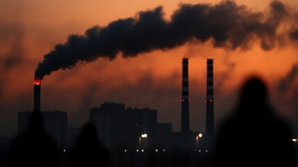 Obraz premium Industrial smokestacks emitting pollution at sunset