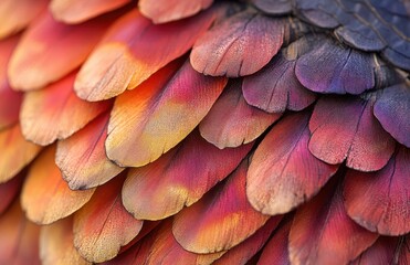 Naklejka premium Vibrant Colorful Feathers in Nature Showcasing Textures and Patterns with Warm Gradients of Orange, Yellow, Red, and Purple Tones in Close Up Photography