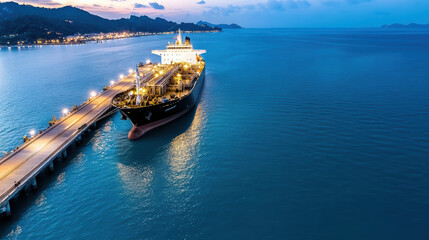 ship docking at massive oil terminal during twilight, showcasing industrial activity