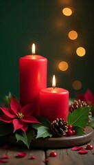 Festive red and green holiday candles with poinsettias, pine cones, and holly, pine cones, decorations