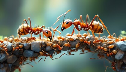 Ants building a bridge forest nature photography close-up teamwork concept