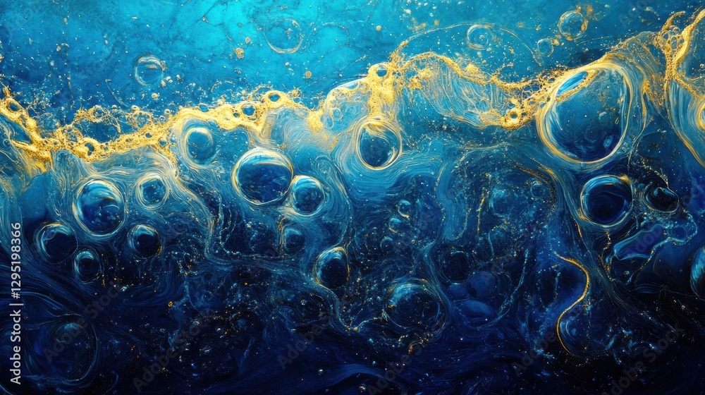 Fototapete Glowing gas bubbles floating in deep blue water creating an ethereal underwater atmosphere. Generative AI